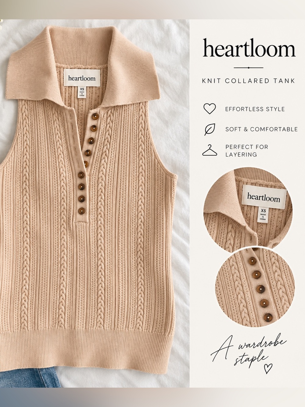 Sleeveless Ribbed Polo Tank Top in Beige